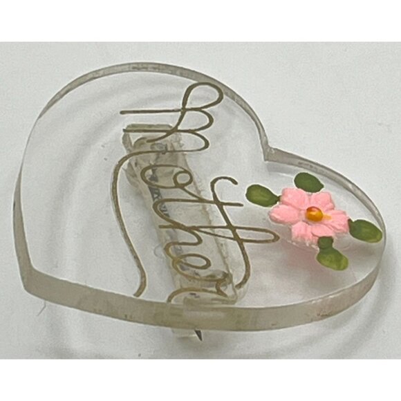 Vintage Heart-Shaped Mother Pin With Pink Flower Clear Lucite 1940s Brooch - Picture 5 of 6